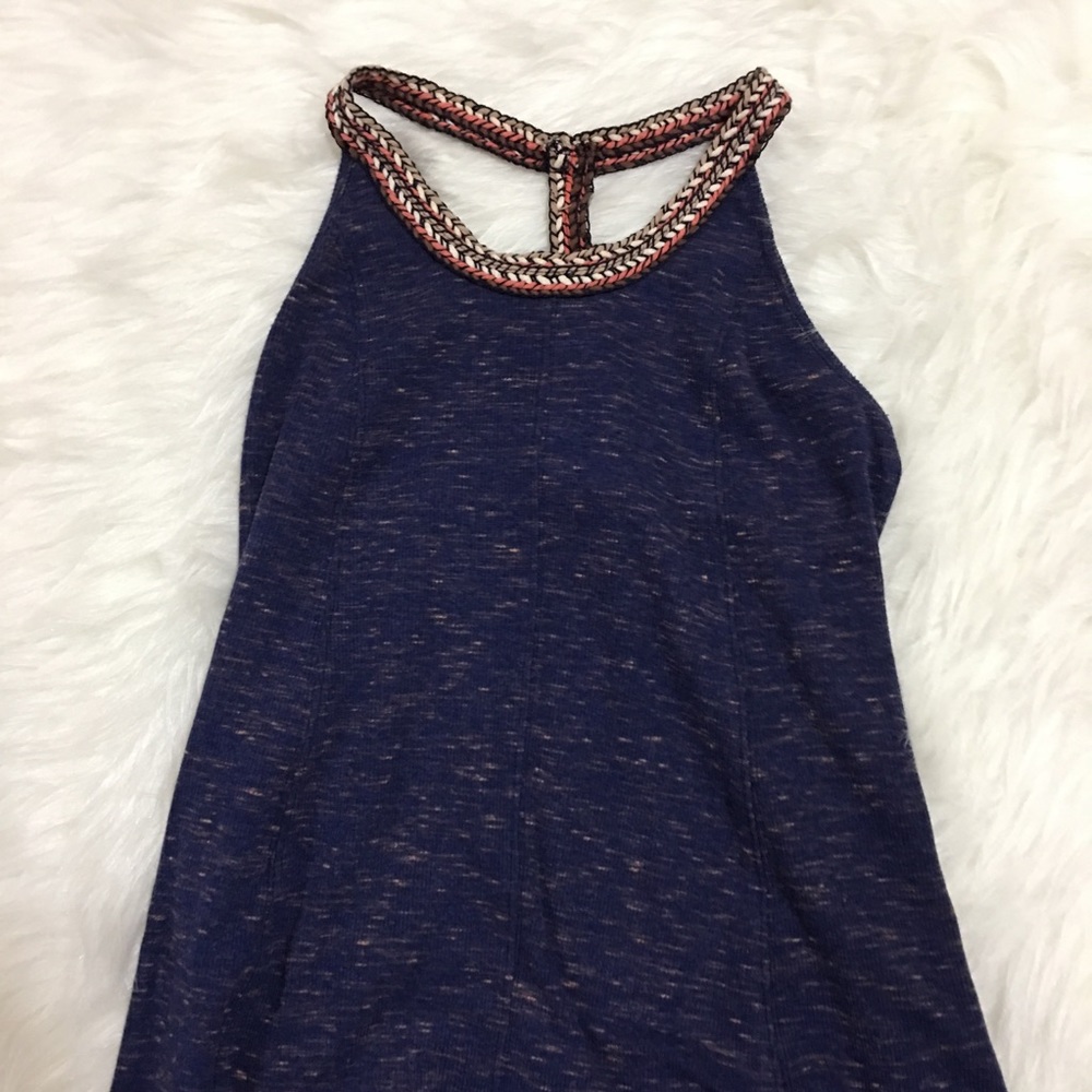 Navy knit dress w/ braided straps & halter neck